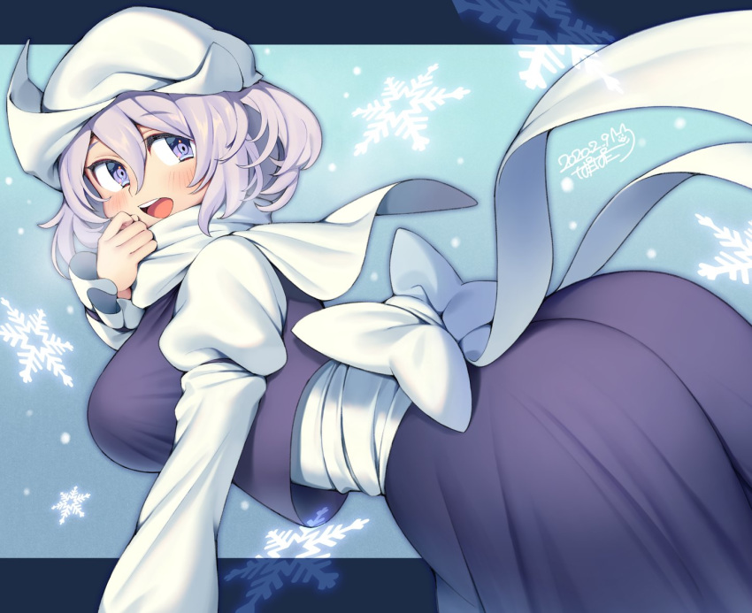 1girl ass blush bow breasts dated eyebrows_visible_through_hair hat iroyopon large_breasts letty_whiterock long_sleeves looking_at_viewer open_mouth purple_eyes short_hair signature silver_hair smile snowflakes solo touhou upper_teeth wavy_hair white_bow white_headwear