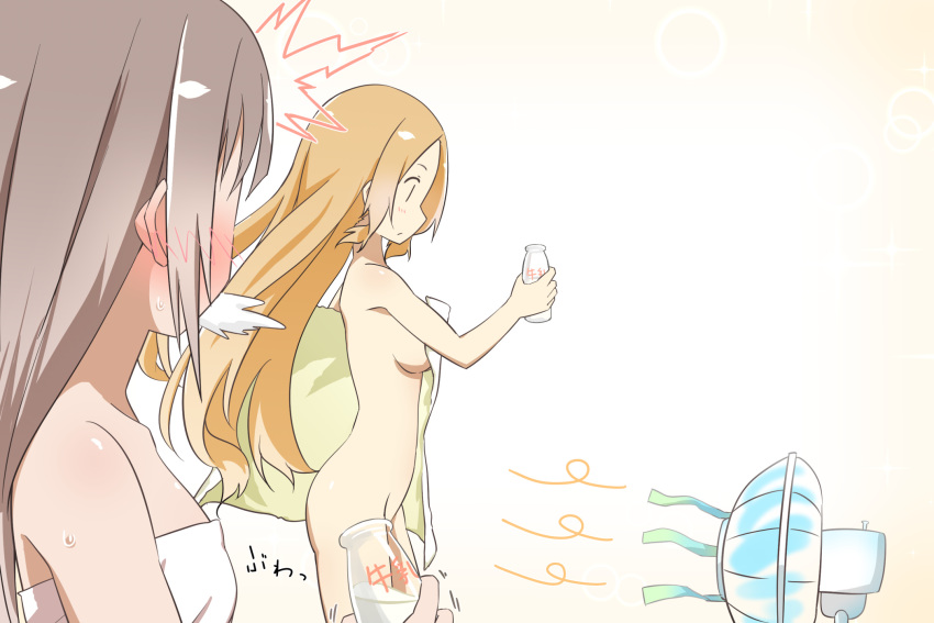 /\/\/\ 2girls :/ blonde_hair blush bottle breasts brown_hair collarbone electric_fan from_side groin highres holding inubouzaki_fuu iwamototuka long_hair medium_breasts milk_bottle miyoshi_karin multiple_girls naked_towel profile spit_take spitting sweat towel very_long_hair white_background yuuki_yuuna_wa_yuusha_de_aru yuusha_de_aru |_|