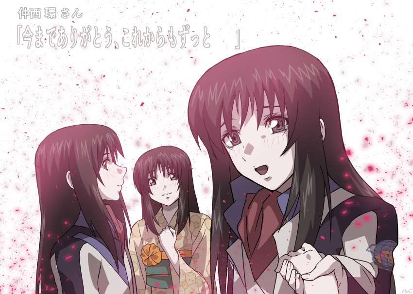 3girls bangs black_hair floral_print floro_(fafner) grey_eyes hand_on_own_chest highres holding_hands jacket japanese_clothes kimono long_hair long_sleeves looking_at_viewer minashiro_orihime minashiro_tsubaki mother_and_daughter multiple_girls nakanishi_tamaki obi open_mouth outstretched_hand sash shiny shiny_hair sidelocks smile soukyuu_no_fafner translation_request uc_(8rk3) uniform white_background wide_sleeves yukata