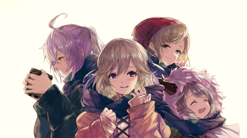 4girls ahoge beanie blonde_hair blue_eyes breath brown_eyes brown_hair camieux closed_eyes cucouroux_(granblue_fantasy) draph family granblue_fantasy grey_hair hair_ornament_removed hair_ribbon hat hat_removed headwear_removed highres hood horns multiple_girls nos open_mouth ponytail ribbon scarf shared_scarf silva_(granblue_fantasy) silver_hair simple_background smile song_(granblue_fantasy) sweater twintails white_background yellow_eyes