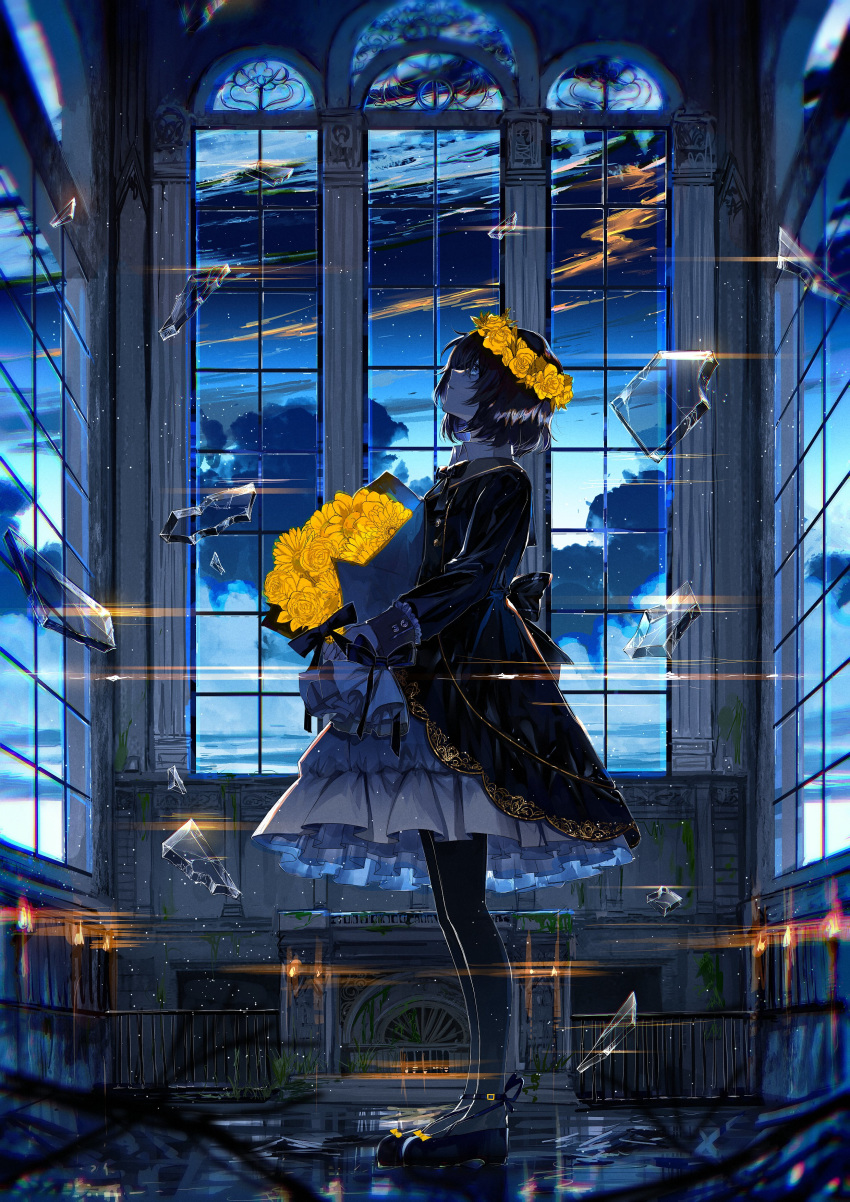 1girl absurdres black_footwear black_hair black_jacket blue_eyes bouquet bow cloud dress floating floating_object flower fuuna_(conclusion) glass head_wreath highres holding holding_bouquet indoors jacket looking_up original short_hair solo window yellow_flower