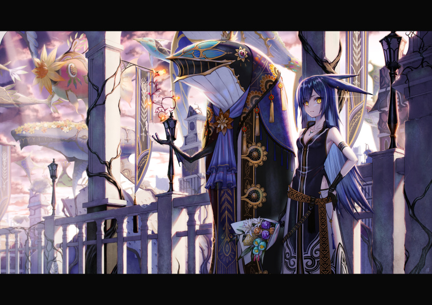 1girl aircraft airship animal_ears armband black_gloves blue_hair blue_neckwear bouquet breasts cleavage day ear_piercing fantasy flower gloves highres jewelry lamppost light_beam long_hair looking_at_viewer necklace original piercing plant railing scenery sho_(sumika) small_breasts standing very_long_hair vines whale yellow_eyes
