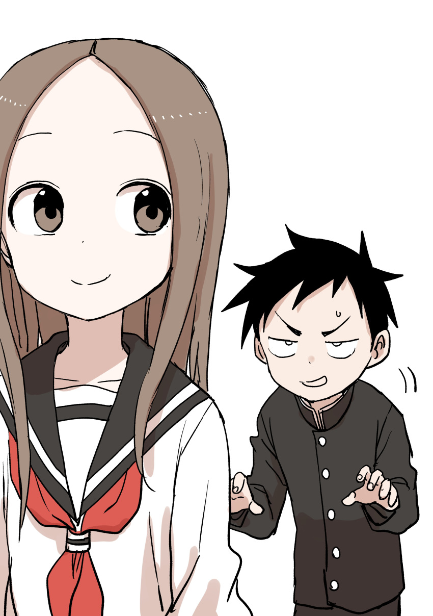 &gt;:) 1boy 1girl absurdres arms_at_sides black_hair brown_eyes brown_hair buttons collarbone collared_shirt commentary high_collar highres karakai_jouzu_no_takagi-san long_hair motion_lines nishikata parted_hair ribbon school_uniform serafuku shirt simple_background smile sneaking spiked_hair sweatdrop takagi-san white_background yamamoto_souichirou