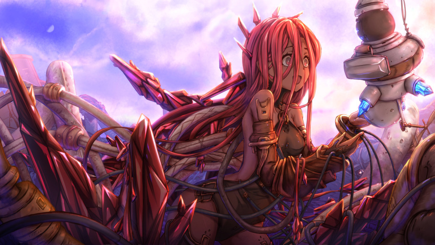 1girl bare_shoulders blue_sky cable cloud commentary_request crazy_eyes crazy_smile crystal dark_skin granblue_fantasy highres keepvalley leotard long_hair machinery open_mouth pipes red_eyes red_hair robot rubble ruins sky smile solo wire yatima