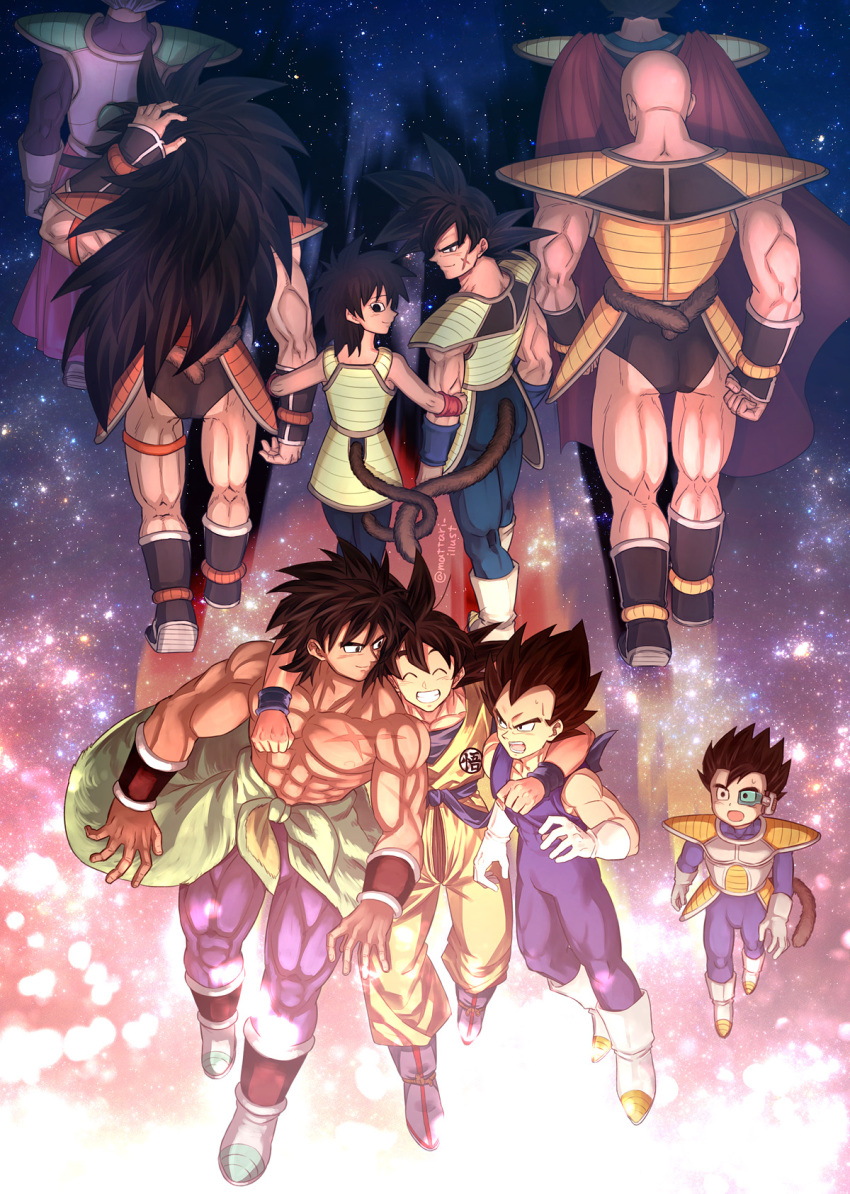 1girl 6+boys :o ^_^ abs annoyed arm_around_neck armlet armor arms_at_sides backlighting bald bardock bare_arms bare_shoulders black_eyes black_footwear black_hair black_legwear blue_footwear blurry bokeh boots breasts broly_(dragon_ball_super) brothers cape chest_scar clenched_teeth closed_eyes closed_mouth clothes_around_waist clothes_writing commentary_request d: depth_of_field dougi dragon_ball dragon_ball_minus dragon_ball_super_broly dragon_ball_z facial_scar father_and_son fingernails from_above from_behind frown full_body gine gloves grey_hair grin hand_on_own_head happy highres hug king_vegeta light_particles light_smile locked_arms long_hair long_skirt looking_at_another looking_back mattari_illust medium_breasts monkey_tail mother_and_son multiple_boys muscle nape nappa nervous open_mouth pantyhose paragus_(dragon_ball_super) pectorals profile purple_legwear purple_skirt raditz scar scar_on_cheek scouter shadow shirtless siblings skirt smile son_gokuu spiked_hair star_(sky) sweatdrop tail tarble teeth thigh_strap time_paradox twitter_username vegeta very_long_hair waist_cape walking white_footwear white_gloves wristband