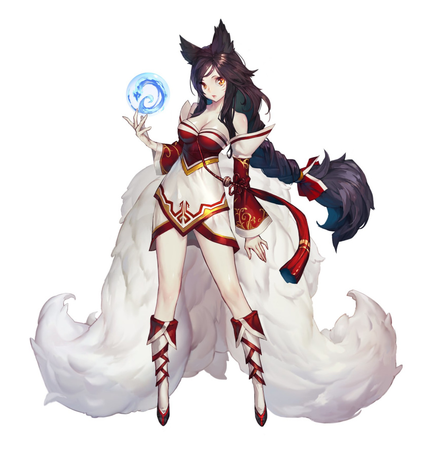 1girl ahri animal_ears bare_shoulders black_hair breasts cleavage closed_mouth duto extra_tails facial_mark fingernails fox_ears fox_tail highres kitsune league_of_legends long_fingernails long_hair orange_eyes ponytail sharp_fingernails shiny shiny_skin simple_background solo standing tail very_long_hair white_background