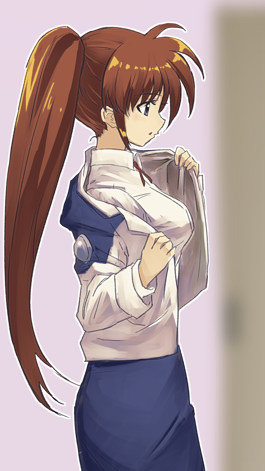 1girl absurdres blue_skirt brown_hair commentary from_side highres long_hair lyrical_nanoha mahou_shoujo_lyrical_nanoha_strikers naganegi_sinsen neck_ribbon purple_eyes red_ribbon removing_jacket ribbon shirt side_ponytail sketch skirt solo takamachi_nanoha upper_body white_shirt