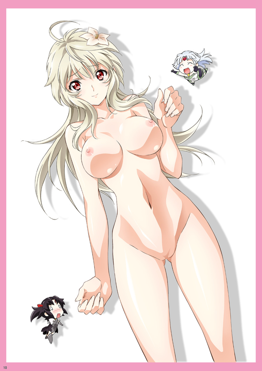 1girl 3girls black_hair breasts chibi highres jinki jinrouki_winvurga large_breasts long_hair looking_at_viewer mashiro_(jinrouki_winvurga) multiple_girls navel nipples nude orichalcum_reycal orichalcum_reycal_duo pussy red_eyes reycal silver_hair smile tsunashima_shirou