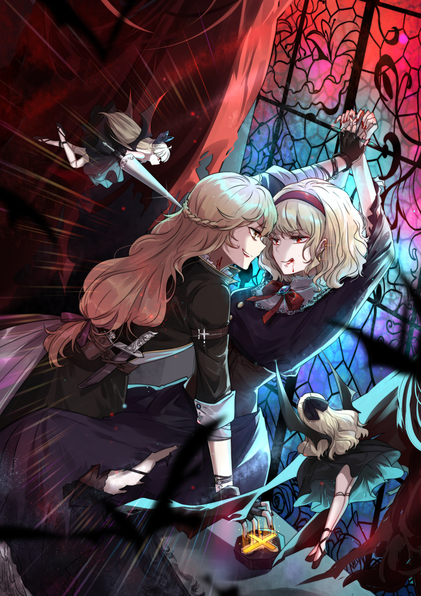 2girls absurdres aili_(aliceandoz) alice_margatroid alternate_eye_color arm_belt arms_up bat_wings black_gloves black_legwear black_nails black_shirt black_skirt black_wings blonde_hair blood bow bowtie brooch cross curtains dagger doll doll_joints ear_piercing earrings eye_contact fingerless_gloves fingernails glint gloves hair_ribbon highres indoors jewelry kirisame_marisa lance licking_lips long_hair looking_at_another medium_hair mini-hakkero multiple_girls nail_polish piercing polearm purple_ribbon red_eyes red_nails red_neckwear ribbon shanghai_doll shirt sitting skirt smile speed_lines stained_glass sweat thighhighs tongue tongue_out torn_clothes torn_skirt touhou vampire weapon window wings yellow_eyes