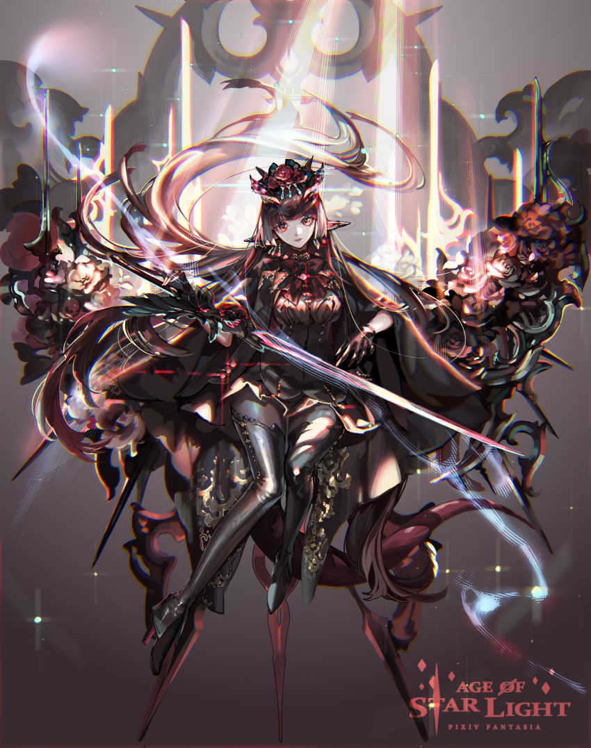 1girl black_cape black_legwear bow cape earrings flower gloves hair_flower hair_ornament highres holding holding_sword holding_weapon jewelry kabi_(kb) long_hair looking_at_viewer pixiv_fantasia pixiv_fantasia_age_of_starlight pointy_ears red_eyes solo sunlight sword thighhighs weapon