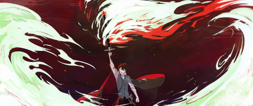 1boy angry arm_up belt black_hair blood blood_on_face clenched_hand fire glint hair_between_eyes highres holding holding_sword holding_weapon injury jacket jacket_on_shoulders key keyring male_focus monzoco pixiv_fantasia pixiv_fantasia_last_saga sleeves_rolled_up solo sword weapon