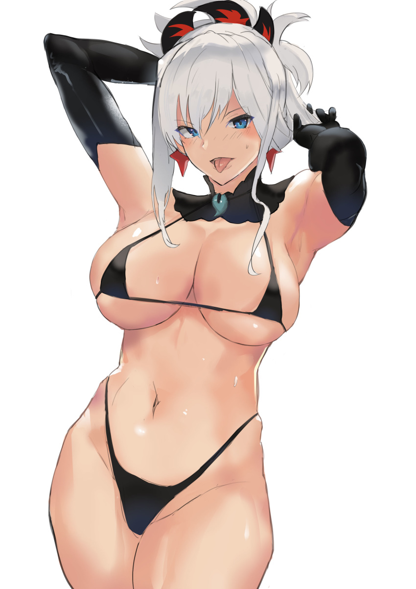 1girl absurdres adjusting_hair armpits arms_up bangs bikini black_bikini black_gloves blue_eyes breasts choker cleavage cowboy_shot detached_collar earrings elbow_gloves eyepatch_bikini fate/grand_order fate_(series) folded_ponytail gloves groin hair_between_eyes hair_ornament halter_top halterneck hand_behind_head hand_in_hair highleg highleg_bikini highres hip_bones jewelry large_breasts legs_together long_hair looking_at_viewer magatama messy_hair micro_bikini miyamoto_musashi_(fate/grand_order) naughty_face navel open_mouth red_earrings sakanaaj1 sideboob sidelocks silver_hair simple_background skindentation standing star star_earrings strap_gap string_bikini sweat swimsuit thighs tongue tongue_out turtleneck underboob upper_teeth white_background