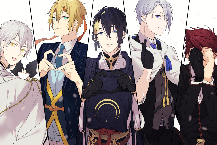 5boys :p absurdres aqua_eyes black_gloves black_hair blonde_hair blue_eyes cape coma_(macaron) finger_heart gloves headband heart heart_hands highres japanese_clothes kiwame_(touken_ranbu) male_focus mikazuki_munechika multiple_boys necktie ookanehira_(touken_ranbu) partly_fingerless_gloves red_hair sayagata single_glove smile tassel tongue tongue_out touken_ranbu tsurumaru_kuninaga white_hair yamanbagiri_chougi yamanbagiri_kunihiro yellow_eyes