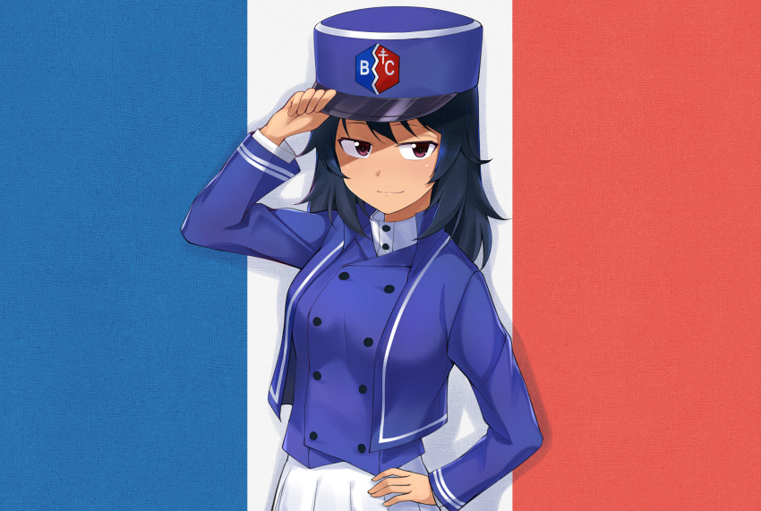 1girl absurdres adjusting_clothes adjusting_hat andou_(girls_und_panzer) bangs bc_freedom_(emblem) bc_freedom_military_uniform black_hair blue_headwear blue_jacket blue_vest brown_eyes closed_mouth commentary dark_skin dress_shirt emblem flag_background french_flag girls_und_panzer half-closed_eyes hand_on_hip hat high_collar highres jacket kepi long_sleeves looking_at_viewer medium_hair messy_hair military military_hat military_uniform shadow shirt smile solo uniform upper_body vest white_shirt yousan00