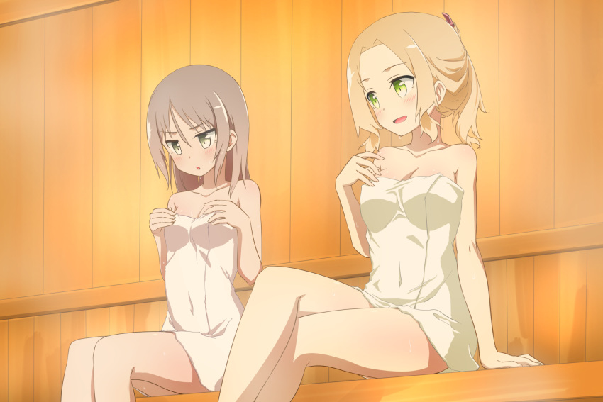 2girls alternate_hairstyle bangs black_eyes blonde_hair blush breasts brown_hair collarbone commentary_request covered_navel crossed_legs eyebrows_visible_through_hair green_eyes hair_between_eyes hair_down highres inubouzaki_fuu iwamototuka long_hair looking_at_another medium_breasts miyoshi_karin multiple_girls naked_towel parted_bangs parted_lips ponytail sauna sitting small_breasts smile sweat towel yuuki_yuuna_wa_yuusha_de_aru yuusha_de_aru