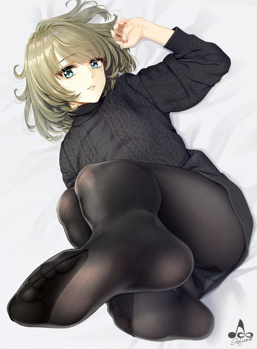 artist_name brown_eyes dress eyebrows_visible_through_hair feet feet_up from_above heterochromia highres idolmaster idolmaster_cinderella_girls infinote looking_at_viewer lying mole mole_under_eye panties pantyhose pantyshot perspective sweater sweater_dress takagaki_kaede underwear