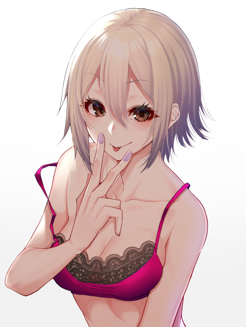1girl arm_at_side bare_arms bra breasts brown_eyes cleavage collarbone eyebrows_visible_through_hair eyelashes hair_between_eyes highres idolmaster idolmaster_cinderella_girls lace lace-trimmed_bra looking_at_viewer medium_breasts mikan_(chipstar182) nail_polish pink_bra purple_nails shade shiomi_shuuko short_hair sidelocks silver_hair smile solo strap_slip tongue tongue_out underwear underwear_only upper_body v_over_mouth white_background