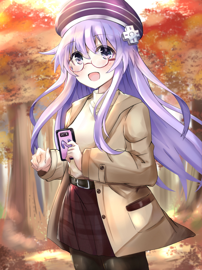 1girl absurdres alternate_costume autumn autumn_leaves belt beret bimmy blurry blurry_background cellphone d-pad d-pad_hair_ornament english_commentary eyebrows_visible_through_hair glasses hair_between_eyes hair_ornament hat highres holding holding_phone light_brown_jacket long_hair looking_at_viewer nepgear neptune_(series) open_mouth pantyhose phone purple_eyes purple_hair red_skirt shirt sidelocks skirt solo tree yellow_shirt