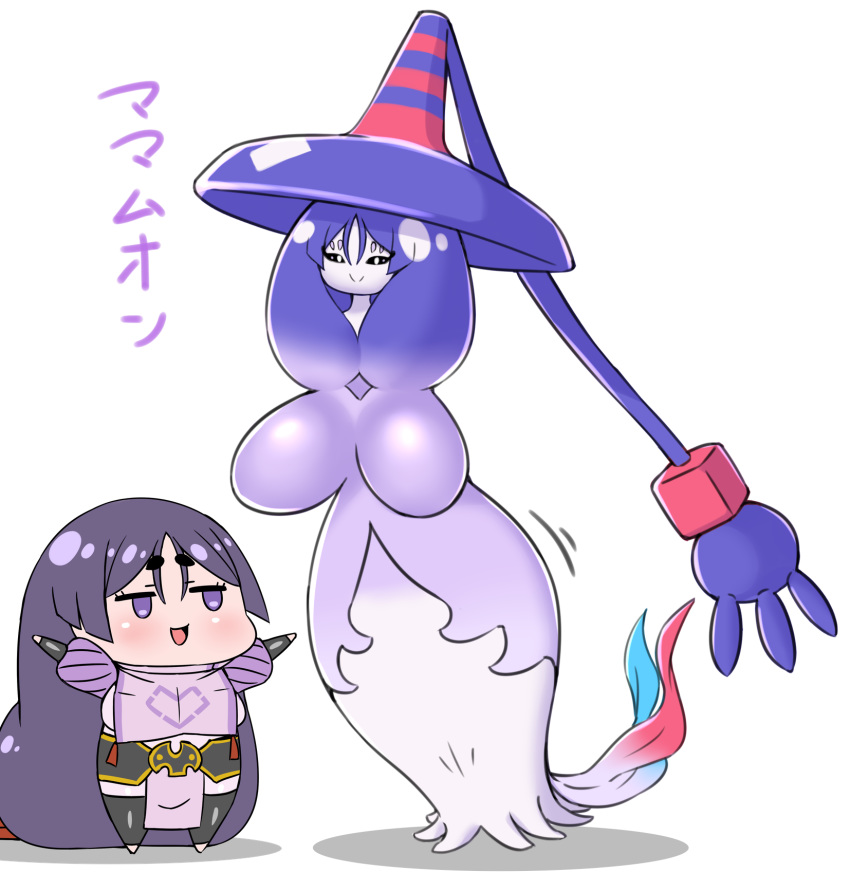1girl absurdly_long_hair alternate_color bangs chibi crossover fate/grand_order fate_(series) gen_8_pokemon hatterene highres long_hair low-tied_long_hair minamoto_no_raikou_(fate/grand_order) open_mouth outstretched_arms parted_bangs pokemon purple_eyes purple_hair rei_(rei_rr) smile translation_request very_long_hair
