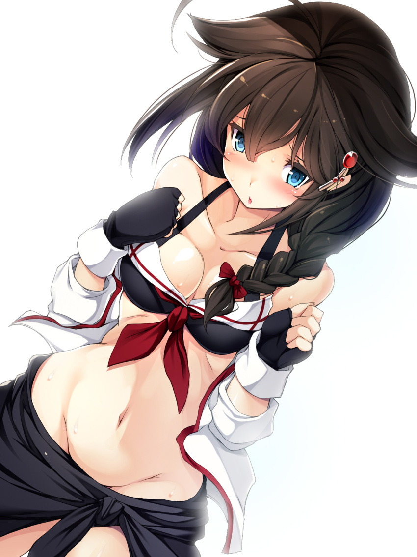 1girl ahoge alternate_costume bare_shoulders bikini black_gloves black_sarong blue_eyes blush braid breasts brown_hair cleavage collarbone commentary_request fingerless_gloves gloves groin hair_between_eyes hair_flaps hair_ornament hair_over_shoulder hair_ribbon hands_up highres kantai_collection long_hair looking_at_viewer navel open_mouth remodel_(kantai_collection) ribbon sailor_bikini sailor_collar sarong shigure_(kantai_collection) simple_background single_braid solo stomach sweat swimsuit torisan white_background