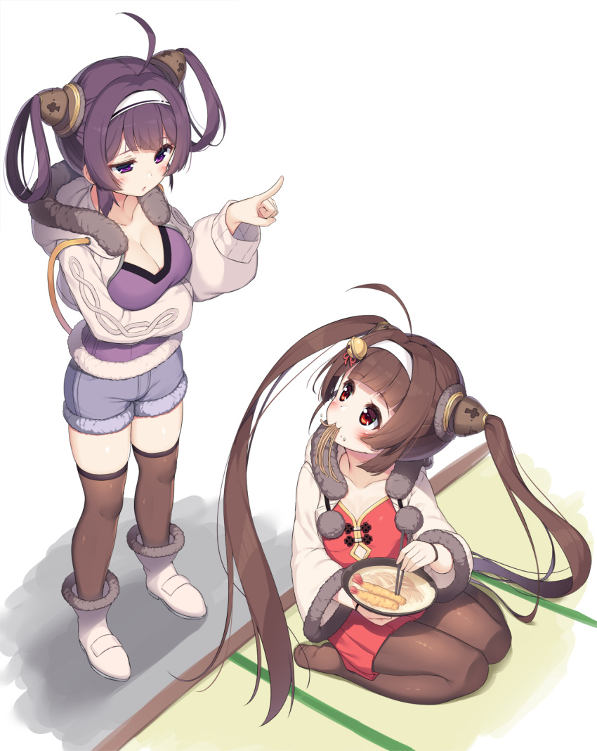 2girls ahoge azur_lane bell blue_shorts blush boots bowl breasts brown_hair brown_legwear china_dress chinese_clothes chopsticks cleavage closed_mouth commentary_request dress eating food food_in_mouth fur-trimmed_boots fur-trimmed_jacket fur-trimmed_shorts fur-trimmed_sleeves fur_trim hair_bell hair_ornament hair_rings hairband highres holding holding_bowl holding_chopsticks jacket jingle_bell long_hair long_sleeves medium_breasts multiple_girls ning_hai_(azur_lane) no_shoes noodles olive_(laai) open_clothes open_jacket pantyhose ping_hai_(azur_lane) pointing purple_eyes purple_hair purple_shirt red_dress red_eyes seiza shirt short_shorts shorts shrimp shrimp_tempura sitting standing tempura thighhighs thighhighs_under_boots twintails very_long_hair white_background white_footwear white_hairband white_jacket