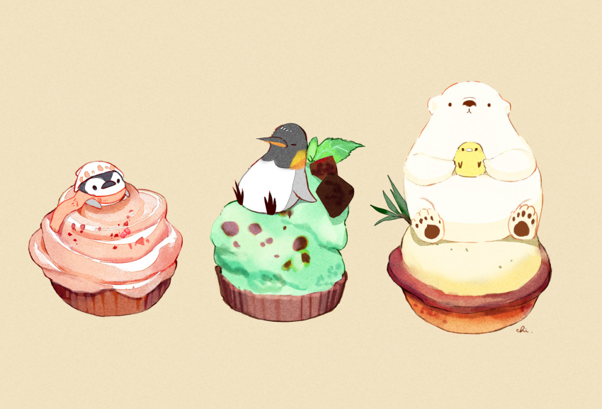 4others artist_name bear beige_background bird chai cheese_tart chocolate chocolate_mint chocolate_mint_tart commentary_request food hat highres holding_bird looking_at_viewer mint multiple_others original penguin scarf simple_background sitting_on_food strawberry_tart tart_(food)