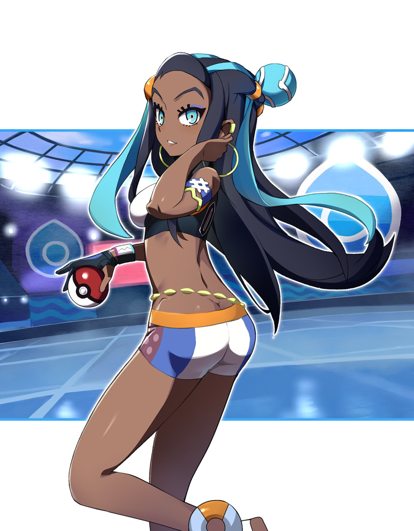 1girl armlet ass bare_shoulders bike_shorts black_gloves blue_background blue_eyes blue_hair breasts butt_crack commentary dark_skin ear_clip earrings eyeshadow from_behind gloves gym_leader hair_ornament hands_up happy highres holding holding_poke_ball hoop_earrings indoors jewelry leg_up long_hair looking_at_viewer looking_back makeup medium_breasts midriff multicolored_hair nyoro_(nyoronyoro000) outline parted_lips partly_fingerless_gloves poke_ball poke_ball_(generic) pokemon pokemon_(game) pokemon_swsh rurina_(pokemon) sandals shiny shiny_skin single_glove smile solo sports_bra standing standing_on_one_leg teeth two-tone_hair white_footwear white_outline