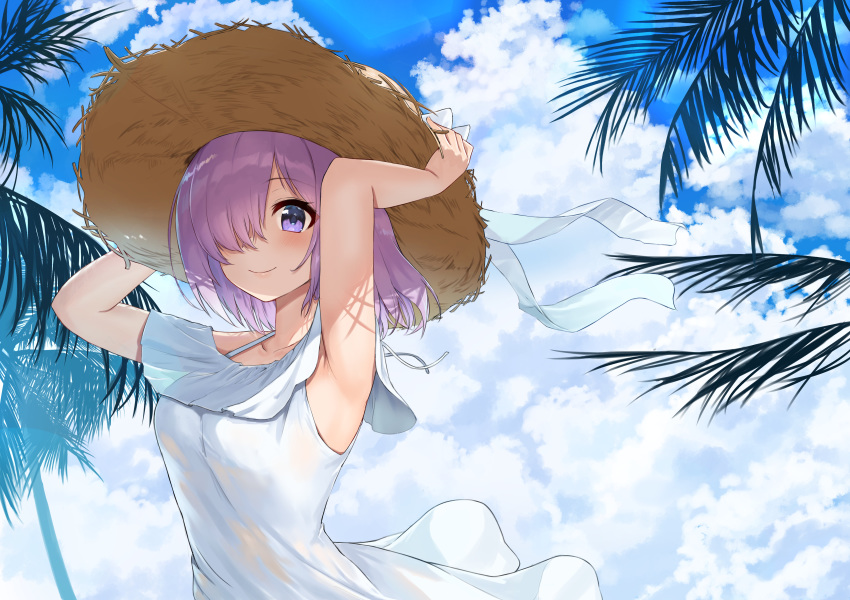 1girl absurdres armpits arms_up blue_sky blush breasts closed_mouth dress fate/grand_order fate_(series) hair_over_one_eye hat hat_ribbon highres jjeono large_breasts lavender_hair looking_at_viewer mash_kyrielight palm_tree purple_eyes purple_hair revision ribbon sky smile solo straw_hat tree white_dress white_ribbon