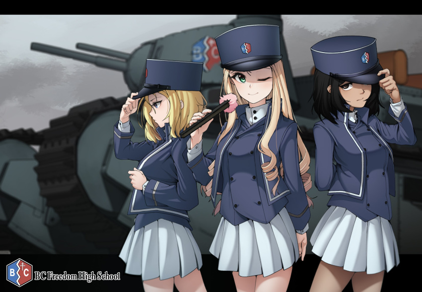 andou_(girls_und_panzer) bc_freedom_(emblem) bc_freedom_military_uniform black_hair blonde_hair dark_skin drill_hair emblem girls_und_panzer ground_vehicle highres kepi leeb3397 marie_(girls_und_panzer) medium_hair messy_hair military military_vehicle motor_vehicle oshida_(girls_und_panzer) smile tank