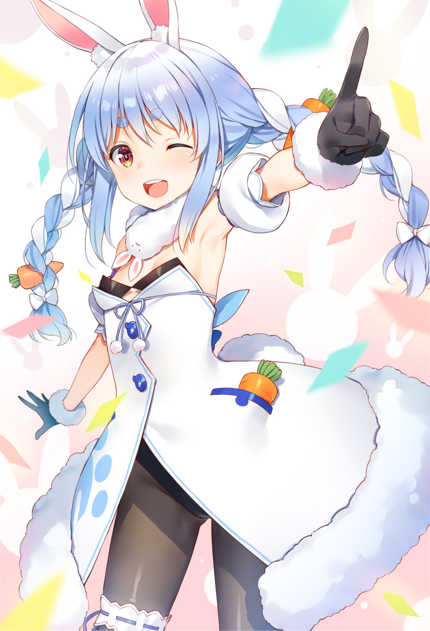 1girl ;d absurdres animal_ear_fluff animal_ears armpits bare_shoulders black_gloves black_leotard blue_hair bow braid brown_legwear bunny_ears bunny_girl bunny_tail carrot_hair_ornament cowboy_shot detached_sleeves dress extra_ears food_themed_hair_ornament fur_collar fur_trim gloves hair_bow hair_ornament highres hololive leg_garter leotard leotard_under_clothes long_hair looking_at_viewer one_eye_closed open_mouth orange_eyes outstretched_arm pantyhose sidelocks smile solo strapless tail thick_eyebrows twin_braids twintails usada_pekora virtual_youtuber white_dress yuuki_hagure