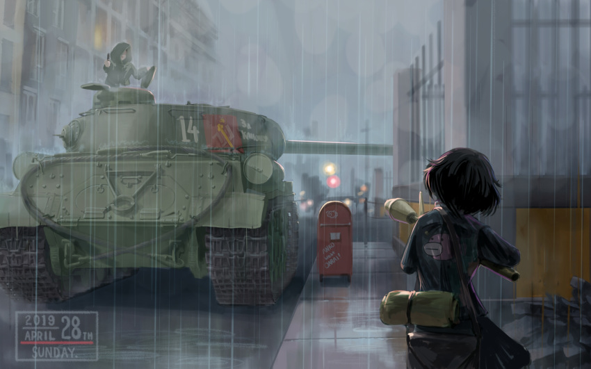 1girl 1other action akiyama_yukari anglerfish bag bangs blue_jacket brown_hair building commentary cyrillic emblem english_text from_behind german_commentary german_text girls_und_panzer ground_vehicle highres holding holding_weapon is-2 jacket long_sleeves looking_at_another messy_hair military military_vehicle motor_vehicle night ooarai_military_uniform outdoors panzerfaust pravda_(emblem) rain raincoat road russian_text satchel short_hair standing street tank traffic_light translated translation_request useless weapon