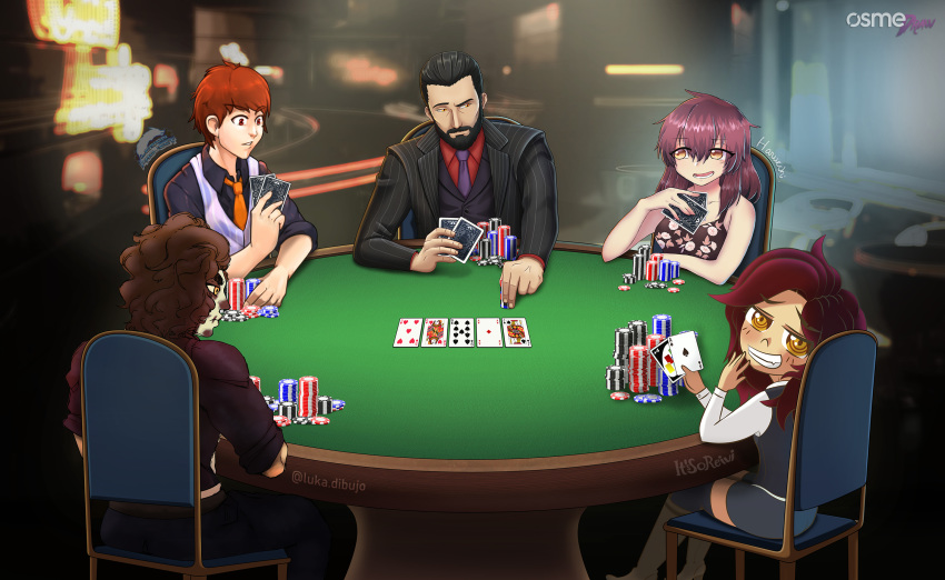 2girls 3boys beard card collaboration dress facial_hair formal highres lucifer multiple_boys multiple_girls osmedraw playing_card playing_games poker poker_chip poker_table sitting smile suit table window