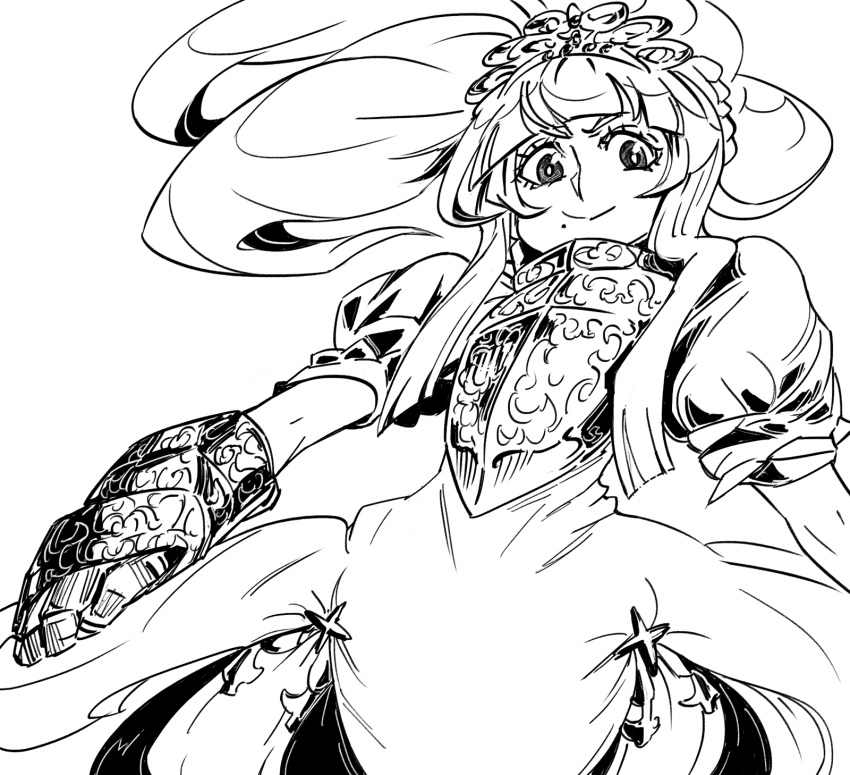 1girl bangs bb_(baalbuddy) blunt_bangs breastplate diadem dress floating_hair gauntlets greyscale highres long_hair looking_at_viewer mole mole_under_eye monochrome princess_(sekaiju) puffy_short_sleeves puffy_sleeves sekaiju_no_meikyuu sekaiju_no_meikyuu_3 short_sleeves simple_background smile solo standing white_background