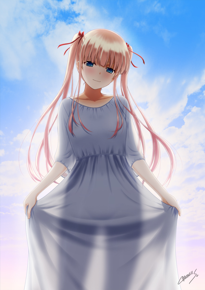 1girl backlighting bangs blonde_hair blue_eyes blue_sky blunt_bangs blush closed_mouth cloud collarbone commentary_request day dress fang fang_out feet_out_of_frame grey_dress hair_ribbon highres long_hair outdoors red_ribbon ribbon saenai_heroine_no_sodatekata satou_chagashi sawamura_spencer_eriri see-through_silhouette short_sleeves sidelocks signature skin_fang skirt_hold sky smile solo standing twintails