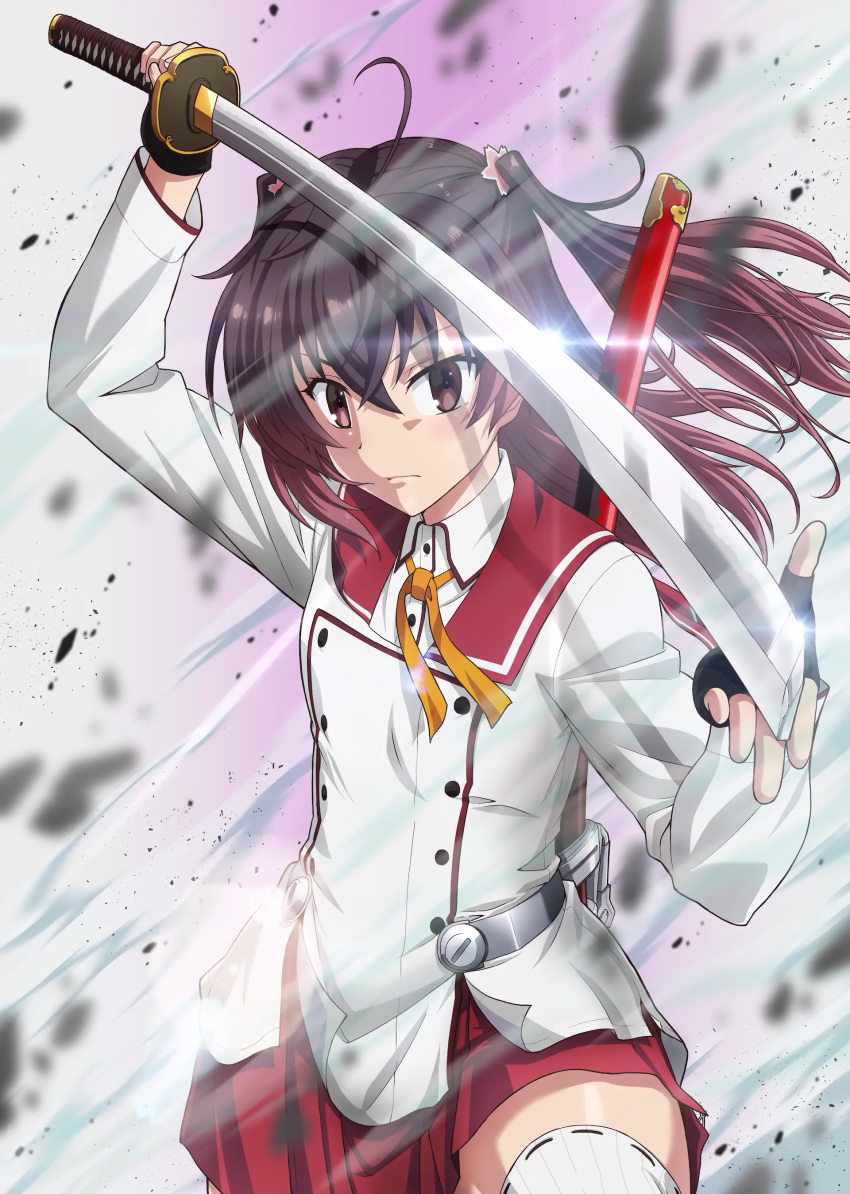 1girl absurdres asakura_mihono black_gloves blouse brown_eyes brown_hair dust fingerless_gloves glint gloves gradient_hair highres katana key_visual long_hair long_sleeves looking_at_viewer miniskirt minoseki_gakuin_uniform multicolored_hair neck_ribbon official_art pleated_skirt red_skirt ribbon skirt solo sword thighhighs toji_no_miko two_side_up unsheathed weapon white_blouse white_legwear wind yellow_neckwear zettai_ryouiki