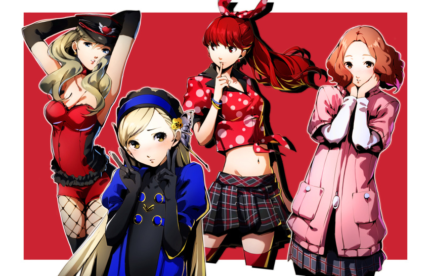 4girls arms_up bangs black_gloves black_headwear black_legwear blonde_hair blue_dress blue_eyes blush bow bracelet breasts butterfly_hair_ornament cleavage coat cowboy_shot crop_top double_v dress earrings elbow_gloves finger_to_mouth fishnet_legwear fishnets flat_chest flower forehead gloves hair_bow hair_flower hair_ornament hairband hands_on_own_cheeks hands_on_own_face hat highres index_finger_raised jewelry lavenza lips long_hair looking_at_viewer medium_breasts midriff miniskirt multiple_girls nakano_maru navel off-shoulder_dress off_shoulder okumura_haru orange_eyes orange_hair pantyhose parted_bangs parted_lips peaked_cap persona persona_5 persona_5:_dancing_star_night persona_5_the_royal pink_coat plaid plaid_skirt pleated_skirt polka_dot ponytail red_background red_dress red_eyes red_hair red_legwear red_shirt shirt short_dress simple_background skirt straight_hair swept_bangs takamaki_anne thighhighs thighs tied_shirt twintails upper_body v yellow_eyes yoshizawa_kasumi zettai_ryouiki
