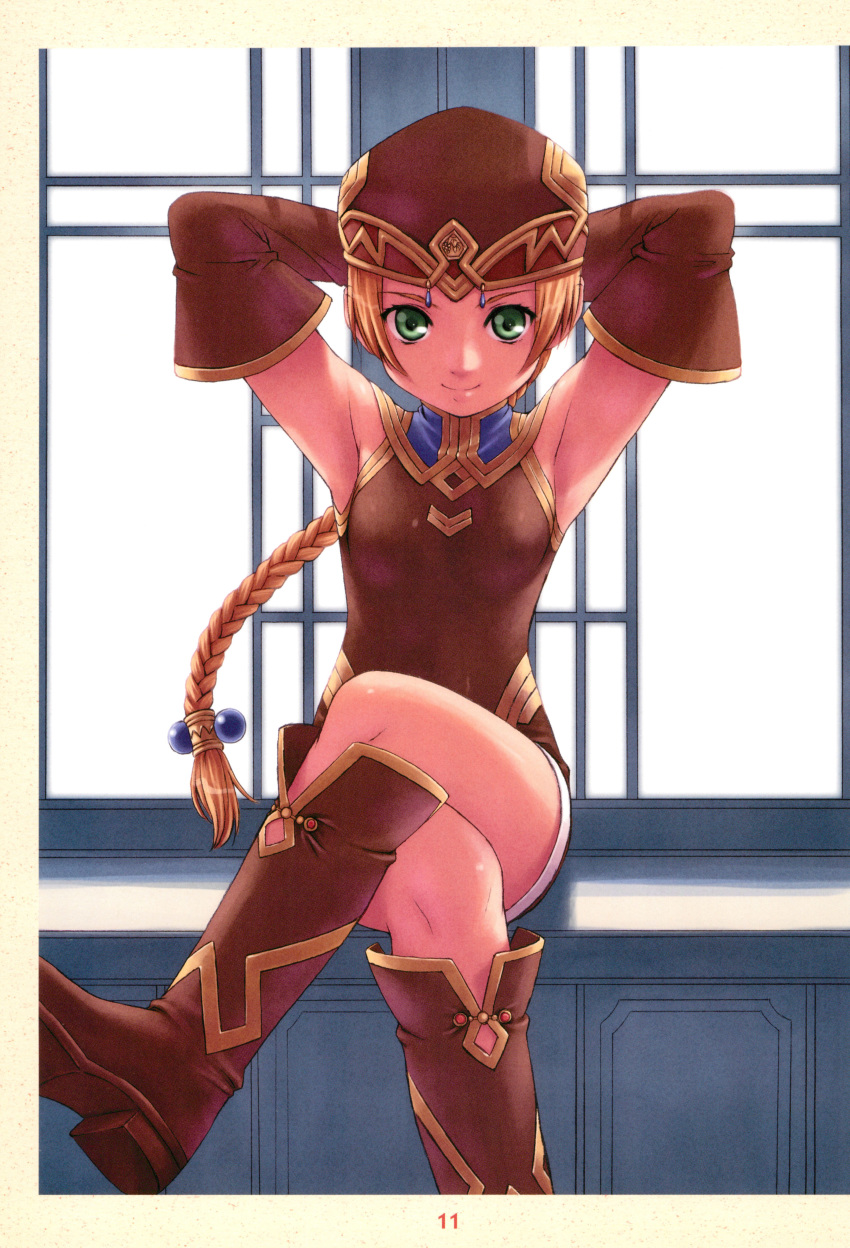 1girl absurdres armpits arms_behind_head arms_up bangs boots braid brown_footwear brown_hair closed_mouth crossed_legs frei green_eyes hair_ornament hat highres inou_shin knee_boots long_hair looking_at_viewer low-tied_long_hair miniskirt page_number parted_bangs scan shiny shiny_skin sidelocks single_braid sitting skirt sleeveless smile solo tied_hair valkyrie_profile