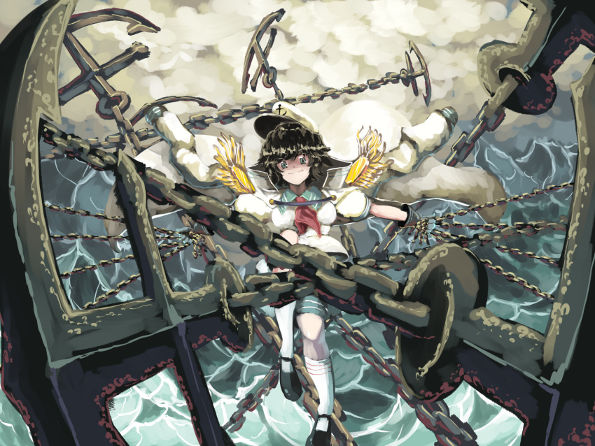 &gt;:) 1girl aiming_at_viewer anchor anchor_symbol attack bangs black_footwear black_gloves black_hair chain closed_mouth cloud coat eyebrows eyebrows_visible_through_hair floating floating_clothes full_body gloves green_collar green_eyes green_sailor_collar hat headwear highres holding leg_up looking_at_viewer mary_janes military military_coat murasa_minamitsu neckerchief neckwear open_eyes outdoors outstretched_arms puffy_short_sleeves puffy_sleeves red_neckwear sailor sailor_collar sailor_hat sailor_shirt shaded_face shirt shoes short_hair short_sleeves shorts sky smile solo spell_card sunyup symbol thighhighs touhou v-shaped_eyebrows water waves wavy_hair weapon white_legwear white_shirt