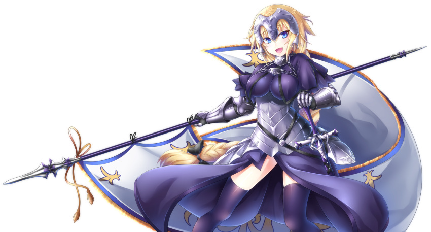 1girl armor armored_dress banner blonde_hair blue_eyes braid breasts building fate/apocrypha fate/grand_order fate_(series) faulds gauntlets headpiece highres holding jeanne_d'arc_(fate) jeanne_d'arc_(fate)_(all) large_breasts long_braid miyabi_urumi open_mouth sheath sheathed simple_background single_braid smile standard_bearer sword thighhighs weapon white_background