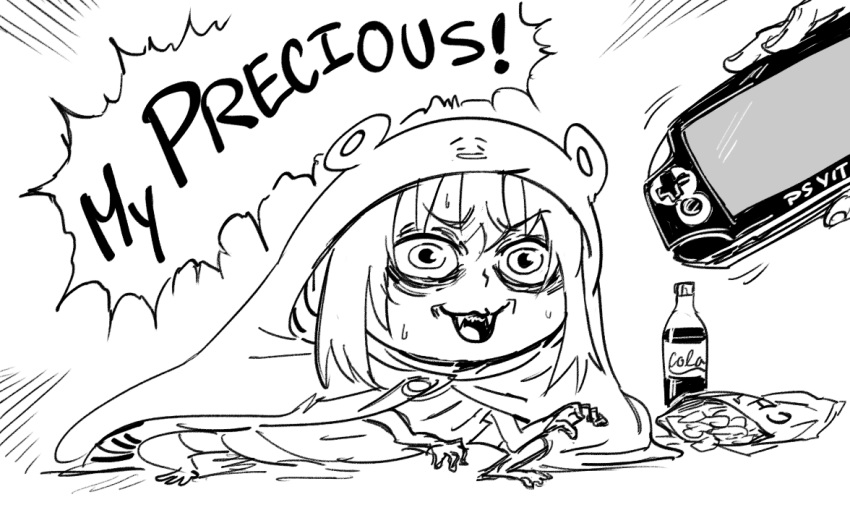 1girl bags_under_eyes bb_(baalbuddy) catchphrase chips cola doma_umaru english_text eyebrows_visible_through_hair food gollum greyscale handheld_game_console himouto!_umaru-chan hood hood_up komaru lord_of_the_rings monochrome open_mouth parody playstation_vita potato_chips robe sharp_teeth solo_focus squatting sweatdrop teeth wide-eyed