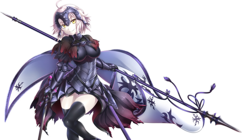 1girl bangs breasts cape chain cleavage eyebrows_visible_through_hair fate/grand_order fate_(series) fur-trimmed_cape fur_collar fur_trim gauntlets headpiece highres jeanne_d'arc_(alter)_(fate) jeanne_d'arc_(fate)_(all) large_breasts long_hair long_skirt miyabi_urumi open_mouth silver_hair simple_background skirt smile thighhighs white_background yellow_eyes