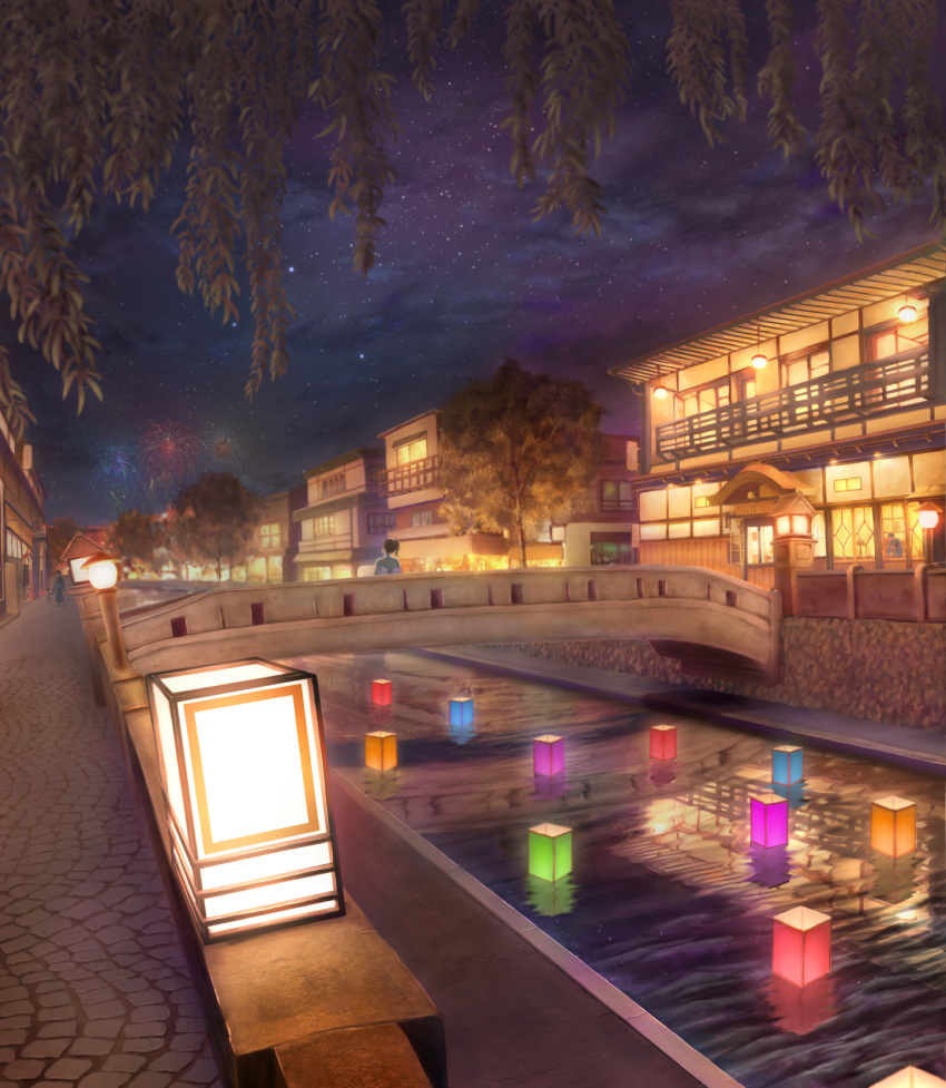 afloat afloat_lantern bridge canal commentary facing_away fireworks highres japanese_clothes kimono lantern night original outdoors paper_lantern reflection ripples scenery sky star_(sky) starry_sky tamikko town tree