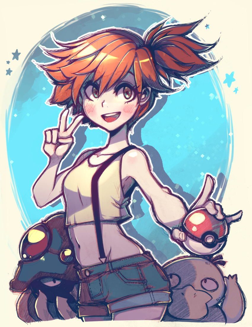 1girl absurdres cowboy_shot denim denim_shorts faux_traditional_media gen_1_pokemon gym_leader highres holding holding_poke_ball kasumi_(pokemon) orange_hair parororo poke_ball poke_ball_(generic) pokemon pokemon_(anime) pokemon_(classic_anime) pokemon_(creature) psyduck shorts side_ponytail suspenders tentacruel