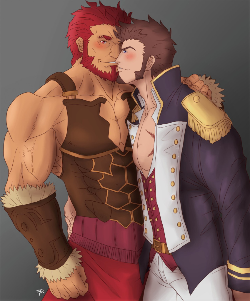 2boys abeberries armor bara beard blue_eyes blush brown_hair chest epaulettes facial_hair fate/grand_order fate_(series) hand_on_another's_hip hand_on_another's_shoulder highres leather long_sleeves looking_at_viewer male_focus military multiple_boys muscle napoleon_bonaparte_(fate/grand_order) pants pectorals red_eyes red_hair rider_(fate/zero) scar simple_background smile uniform