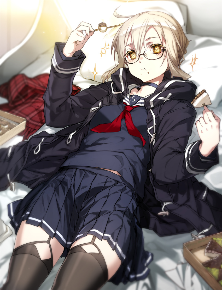 +_+ 1girl arm_up artoria_pendragon_(all) bed black_legwear blonde_hair blue_choker blurry bunbun bunk_bed choker depth_of_field eating fate/grand_order fate_(series) food food_on_face frown highres holding holding_food jacket looking_at_viewer lying mysterious_heroine_x_(alter) on_back scarf scarf_removed school_uniform semi-rimless_eyewear serafuku short_hair skirt solo takoyaki thighhighs thighs yellow_eyes zettai_ryouiki