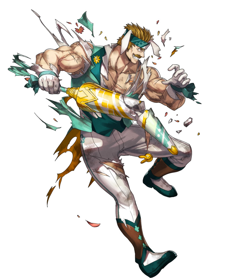 1boy alternate_costume animal_ears bartre_(fire_emblem) boots bow brown_eyes brown_hair bunny_ears dai-xt facial_hair fire_emblem fire_emblem:_the_binding_blade fire_emblem_heroes flower full_body gloves headband highres injury muscle mustache official_art solo teeth torn_clothes transparent_background