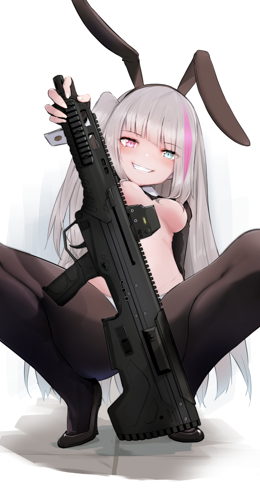 1girl absurdres animal_ears assault_rifle black_footwear black_hairband black_legwear blue_eyes breasts bunny_ears commentary_request desert_tech_mdr fake_animal_ears girls_frontline gun hairband heterochromia highres long_hair looking_at_viewer mdr_(girls_frontline) momo_(higanbana_and_girl) multicolored_hair one_side_up pantyhose pink_eyes pink_hair reverse_bunnysuit reverse_outfit rifle shoes silver_hair simple_background small_breasts smile solo squatting streaked_hair weapon white_background