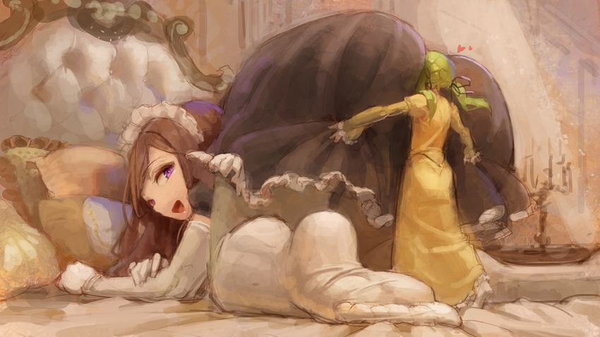 :t ass bed brown_hair candlestand commentary_request dress elbow_gloves face_in_ass giantess gloves green_hair kazo long_hair maid maid_headdress minigirl original purple_eyes size_difference smile thighhighs twintails white_gloves white_legwear yellow_dress