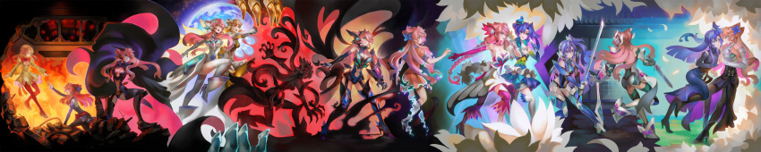 4girls absurdres aqua_eyes blue_hair blush bodysuit breasts brown_hair butterfly_hair_ornament cape dress gauntlets hair_ornament highres holding holding_sword holding_weapon kazanari_tsubasa leotard long_hair long_image looking_at_another maria_cadenzavna_eve medium_breasts multiple_girls one_side_up orange_eyes orange_hair pink_hair purple_eyes senki_zesshou_symphogear serena_cadenzavna_eve smile sword tachibana_hibiki_(symphogear) thighhighs variations visqi weapon wide_image