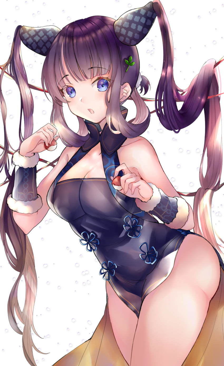 1girl bangs bare_shoulders black_dress blue_eyes blunt_bangs blush breasts china_dress chinese_clothes cleavage detached_sleeves dress fate/grand_order fate_(series) hair_ornament highres large_breasts leaf_hair_ornament long_hair looking_at_viewer lychee open_mouth purple_hair shibaebi_(yasaip_game) side_slit sidelocks thighs twintails very_long_hair yang_guifei_(fate/grand_order)